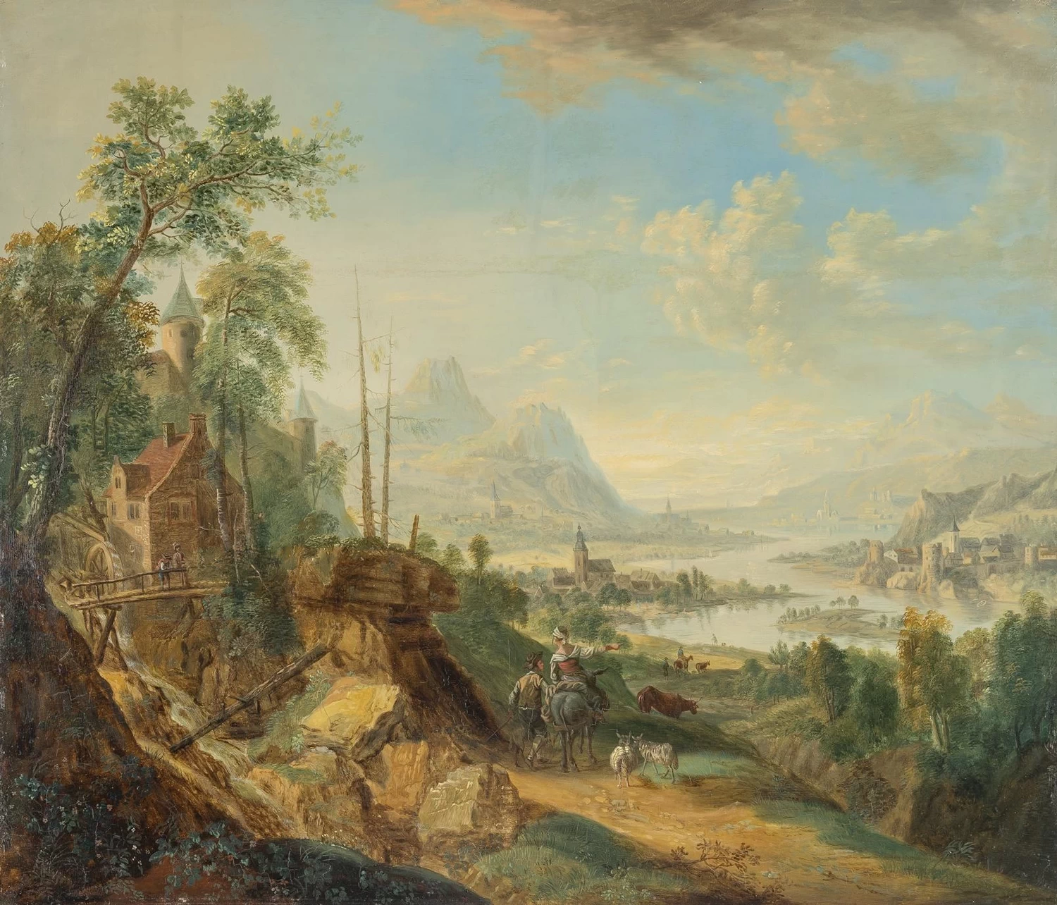 Johann Christian Vollerdt - Paesaggio fluviale con un mulino e un castello su una collina